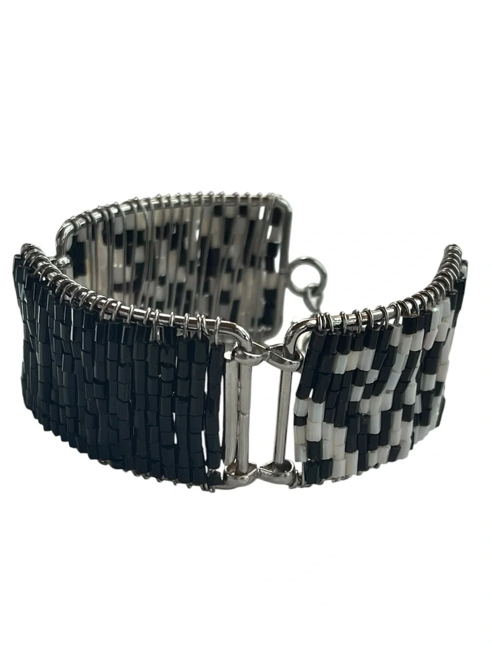 Black White Seed Bead Geometric Panel Bracelet w Toggle Closure